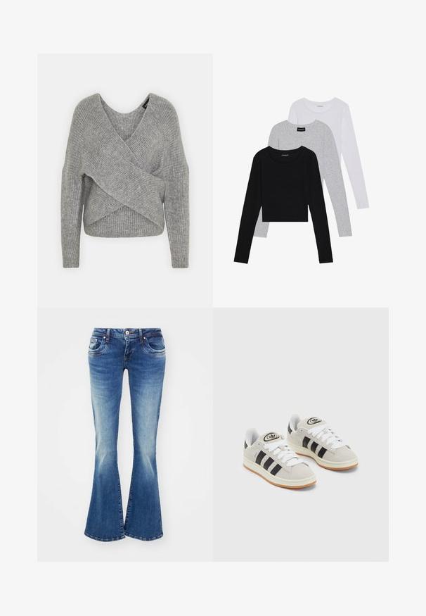 Pullover griș cu un decolteu adânc în V, mâneci lungi și textură cu ochiuri. Fabricat dintr-un material tricotat moale, cu un design stratificat și asimetric.; Trei bluze cu mânecă lungă așezate: neagră, gri și albă. Fiecare are un guler rotund și un design scurt, realizat dintr-un material fin și ușor.; Blugi evazați din denim albastru, cu talie medie, două buzunare frontale și decolorare ușoară pentru un aspect texturat.; Adidași din suede gri cu șireți albi, dungi negre și talpă din cauciuc alb. Prezintă un logo circular pe limbă și o talpă din cauciuc.
