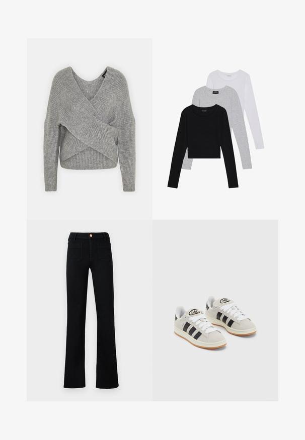 Harmaa neulejakku, jossa on syvä V-kaula-aukko, pitkät hihat ja ribboitu pinta. Valmistettu pehmeästä neuloksesta, jossa on kerroksellinen ja epäsymmetrinen muotoilu.; Kolme pitkähihasta paita päällekkäin: musta, harmaa ja valkoinen. Jokaisessa on pyöreä pääntie ja lyhennetty muotoilu, jossa on sileä ja kevyt kangas.; Mustat korkeavyötäröiset suorat farkut etutaskuilla ja kuparinvärisellä napilla neutraalilla taustalla.; Harmaat mokkasiinikenkä, joissa on valkoiset nauhat, mustat raidat ja valkoinen kumipohja. Kantajassa on pyöreä logo ja vaaleanruskea pohja.