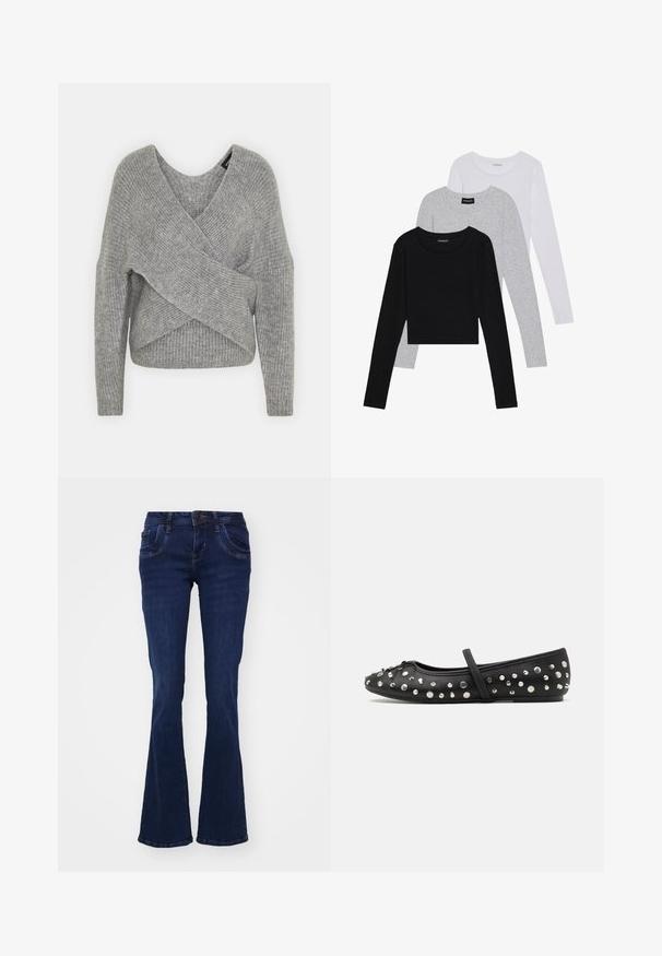 Pullover griș cu un decolteu adânc în V, mâneci lungi și textură cu ochiuri. Fabricat dintr-un material tricotat moale, cu un design stratificat și asimetric.; Trei bluze cu mânecă lungă așezate: neagră, gri și albă. Fiecare are un guler rotund și un design scurt, realizat dintr-un material fin și ușor.; Jeans evazați de culoare albastru închis, din denim. Prezintă cinci buzunare, un fermoar frontal și detalii de cusătură pe marginile cusăturilor.; Balerini negre din piele, decorati cu strasuri argintii. Include o curea peste glezna și un design cu vârf rotund.