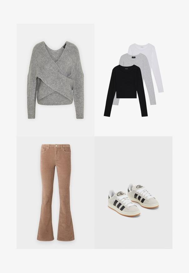 Szary sweter o luźnym kroju z głębokim dekoltem w kształcie litery V, długimi rękawami i prążkowaną teksturą. Wykonany z miękkiego materiału dzianinowego z warstwowym, asymetrycznym wzorem.; Trzy bluzki z długim rękawem ułożone jedna na drugiej: czarna, szara i biała. Każda z okrągłym dekoltem i skróconym fasonem, wykonana z gładkiego, lekkiego materiału.; Brązowe sztruksowe spodnie dzwony z fakturowaną powierzchnią, z pięcioma kieszeniami, zapięciem na guzik i pętelkami na pasek.; Szare zamszowe trampki z białymi sznurówkami, czarnymi paskami i białą gumową podeszwą. Posiadają okrągłe logo na języku oraz gumową podeszwę.