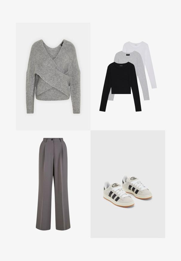 Gray wrap sweater with a deep V-neck, long sleeves, and ribbed texture. Made from a soft knit material with a layered, asymmetrical design.; Three long-sleeve tops stacked: black, grey, and white. Each has a round neckline and a cropped design with smooth, lightweight fabric.; Wide-legged trousers in gray fabric, featuring front pleats, a single button closure, and side pockets. Smooth texture and tailored design.; Gray suede sneakers with white laces, black stripes, and a white rubber sole. Features a circular logo on the tongue and a gum sole.