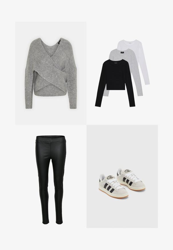 Suéter gris envolvente con un profundo escote en V, mangas largas y textura acanalada. Fabricado con un material de punto suave y un diseño asimétrico en capas.; Tres camisetas de manga larga apiladas: negra, gris y blanca. Cada una tiene un escote redondo y un diseño recortado con una tela suave y ligera.; Leggings de imitación cuero negros con una textura suave, silueta ajustada y cintura elástica. Costuras mínimas y sin bolsillos.; Zapatillas de ante gris con cordones blancos, rayas negras y suela de goma blanca. Presentan un logo circular en la lengüeta y una suela de goma.