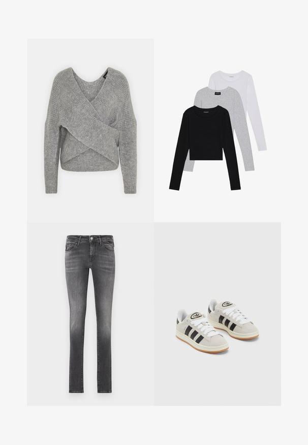 Pilkas aptraukiamas megztinis su giliu V formos iškirpimu, ilgomis rankovėmis ir riešutiniu tekstūru. Pagamintas iš minkštos megztos medžiagos su sluoksniuota, asimetrine konstrukcija.; Trijų ilgomis rankovėmis marškinėlių krūva: juodas, pilkas ir baltas. Kiekvienas turi apvalų iškirpimą ir trumpą dizainą, pagamintas iš lygaus, lengvo audinio.; Tamsiai pilki siauri džinsai su išblukusiu apdaila, pagaminti iš denimo, turintys penkis kišenių ir klasikinius užtrauktukus su metaliniu mygtuku.; Grynos zomšos sneakeriai su baltais raišteliais, juodomis juostelėmis ir balta gumine sole. Turintys apskritą logotipą ant liežuvėlio ir guminę sole.