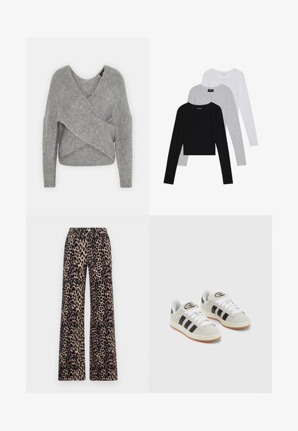 Grå omslagssweater med dyp V-hals, lange ermer og ribbestruktur. Laget av et mykt strikket materiale med et lagdelt, asymmetrisk design.; Tre lange ermer t-skjorter stablet: svart, grå og hvit. Hver har en rund hals og et kort design med glatt, lett stoff.; Breddebukser i et leopardmønstret design med en beige bakgrunn og svarte flekker, med klassisk knapp og glidelås lukking.; Grå semsket sneakers med hvite lisser, svarte striper og en hvit gummisåle. Har en sirkulær logo på tungen og en gummisåle.