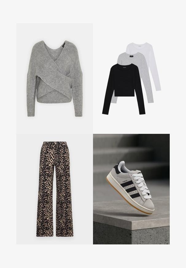Siva omotana vestica s dubokim V-izrezom, dugim rukavima i rebrastom teksturom. Izrađena od mekog pletenog materijala s slojevitim, asimetričnim dizajnom.; Tri dugih rukava posložena: crna, siva i bijela. Svaka ima okrugli izrez i skrateni kroj s glatkom, laganom tkaninom.; Pantalone širokog kroja s uzorkom tigrova na bež pozadini i crnim mrljama, sa klasičnim zatvaranjem na dugme i rajsferšlusom.; Siva Adidas Campus tenisica s crnim prugama i bijelim vezicama lebdi iznad betonskog ruba s ljestvama u pozadini.