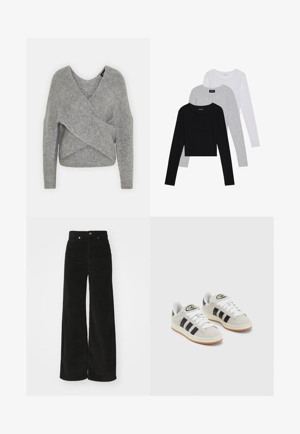 Pull en gris avec un col en V profond, des manches longues et une texture côtelée. Fabriqué en matériau tricoté doux avec un design asymétrique superposé.; Trois hauts à manches longues empilés : noir, gris et blanc. Chacun a un col rond et un design court avec un tissu lisse et léger.; Pantalons en velours côtelé noir à jambes larges avec une taille haute, dotés de deux poches avant et d'une fermeture à bouton métallique. Tissu texturé avec des nervures verticales.; Baskets en suède gris avec des lacets blancs, des rayures noires et une semelle en caoutchouc blanc. Présentent un logo circulaire sur la languette et une semelle en gomme.