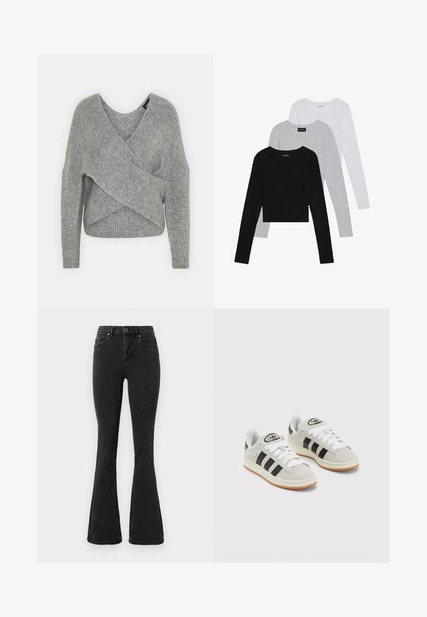 Pullover griș cu un decolteu adânc în V, mâneci lungi și textură cu ochiuri. Fabricat dintr-un material tricotat moale, cu un design stratificat și asimetric.; Trei bluze cu mânecă lungă așezate: neagră, gri și albă. Fiecare are un guler rotund și un design scurt, realizat dintr-un material fin și ușor.; Jeans negre cu talie înaltă și flared, cu nasture și fermoar în față, buzunare în față și în spate, expuși pe un fundal alb.; Adidași din suede gri cu șireți albi, dungi negre și talpă din cauciuc alb. Prezintă un logo circular pe limbă și o talpă din cauciuc.