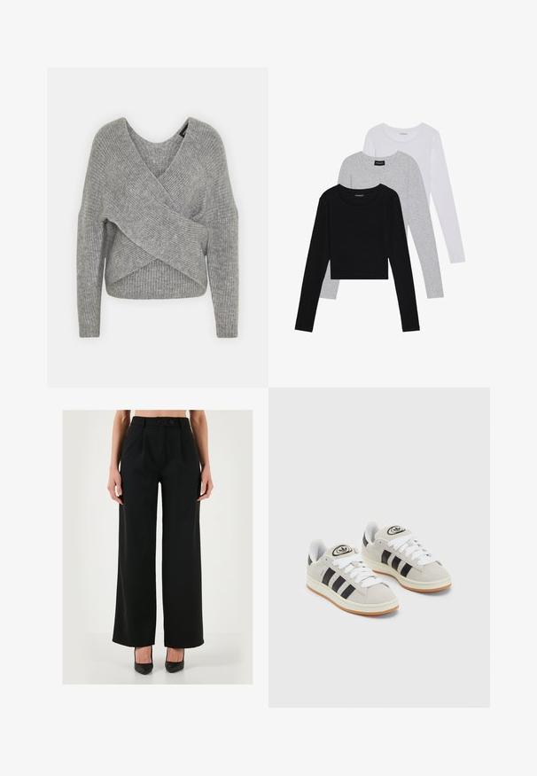 Siva ovitek pulover z globokim V-izrezom, dolgimi rokavi in ribasto teksturo. Narejen iz mehke pletene tkanine z plastnim, asimetričnim dizajnom.; Tri dolga rokava zložena: črna, siva in bela. Vsaka ima okroglo izreznico in skrajšan dizajn z gladkim, lahkotnim materialom.; Črne široke hlače iz gladkega materiala. Imajo visok pas, sprednje plošče in dvojno zaklepanje z gumbi. Oblikovane za sproščen kroj.; Sive športne čevlje iz semiša z belimi vezalkami, črnimi črtami in belim gumijastim podplatom. Imajo okroglo oznako na ježku in podplat iz gume.