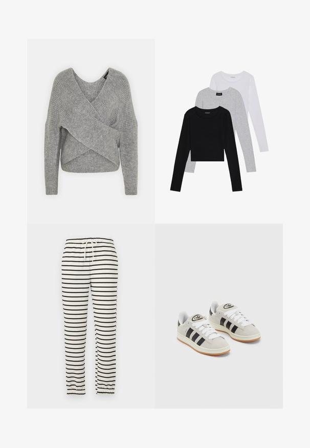 Sivý cardigan s hlbokým V- výstrihom, dlhými rukávmi a rebrovanou textúrou. Vyrobený z mäkkého pleteného materiálu s viacvrstvovým, asymetrickým dizajnom.; Tričko s dlhým rukávom v troch farbách: čiernej, sivej a bielej. Každé má okrúhly výstrih a skrátený strih vyrobený z hladkej, ľahkej tkaniny.; Prúžkové nohavice z jemného materiálu, s horizontálnymi čiernymi pruhmi na smotanovom pozadí. Elastický pás s šnúrkou a zúženými manžetami.; Sivé semišové tenisky s bielymi šnúrkami, čiernymi pruhmi a bielou gumovou podrážkou. Obsahujú okrúhly logo na jazyku a gumenú podrážku.