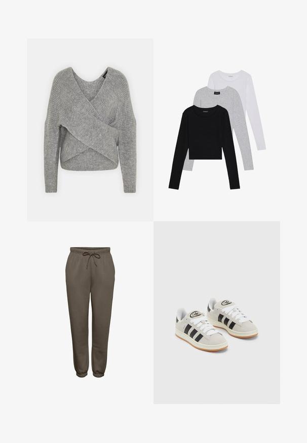 Grijze wikkeltrui met een diepe V-hals, lange mouwen en ribbelstructuur. Gemaakt van een zachte gebreide stof met een gelaagd, asymmetrisch ontwerp.; Drie langmouwige tops gestapeld: zwart, grijs en wit. Elke top heeft een ronde halslijn en een cropped ontwerp van soepel, lichtgewicht materiaal.; Bruine sweatpants gemaakt van zachte stof, met een elastische tailleband en een trekkoord, en taps toelopende manchetten bij de enkels.; Grijze nubucklederen sneakers met witte veters, zwarte strepen en een witte rubberen zool. Bevat een rond logo op de tong en een gumzool.