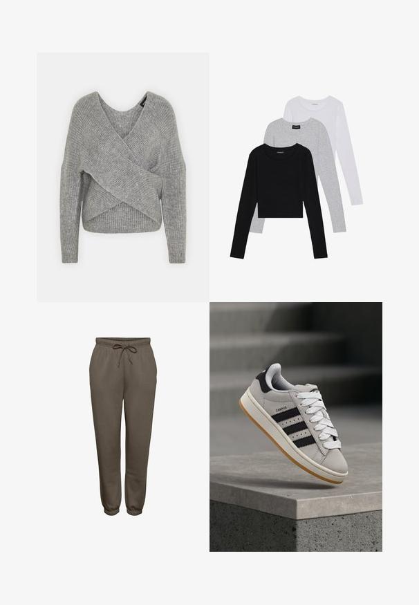 Grå omslagströja med djup V-ringning, långa ärmar och ribbad struktur. Tillverkad av ett mjukt stickat material med en lager-på-lager, asymmetrisk design.; Tre långärmade tröjor staplade: svart, grå och vit. Var och en har en rund halsringning och en kort design med mjukt, lätt material.; Bruna sweatpants tillverkade av mjukt tyg, med ett elastiskt midjeband och dragsko, samt avsmalnande mudd vid anklarna.; adidas Originals CAMPUS 00S W - Sneakers - crystal white/core black/off white