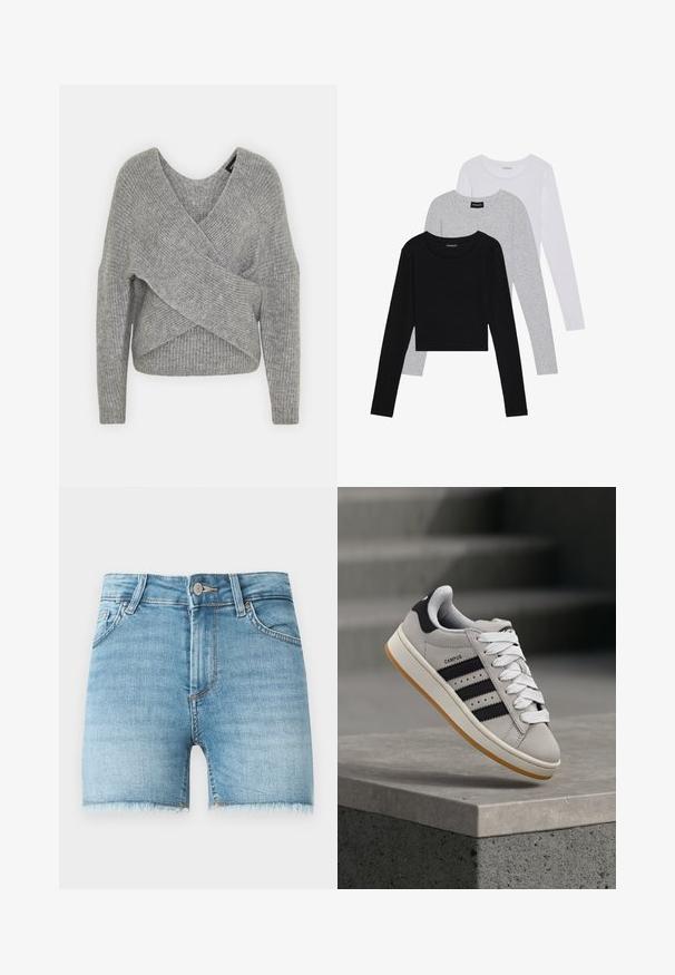 Siva ovitek pulover z globokim V-izrezom, dolgimi rokavi in ribasto teksturo. Narejen iz mehke pletene tkanine z plastnim, asimetričnim dizajnom.; Tri dolga rokava zložena: črna, siva in bela. Vsaka ima okroglo izreznico in skrajšan dizajn z gladkim, lahkotnim materialom.; Denim kratke hlače v svetlo modri barvi z nepravilno obrobljenim robom, petimi žepi in sprednjim gumbom za zapiranje. Imajo rahlo zbledel videz in klasičen kroj.; Siv Adidas Campus športni copat s črnimi črtami in belimi vezalkami, ki lebdi nad betonskim robom s stopnicami v ozadju.
