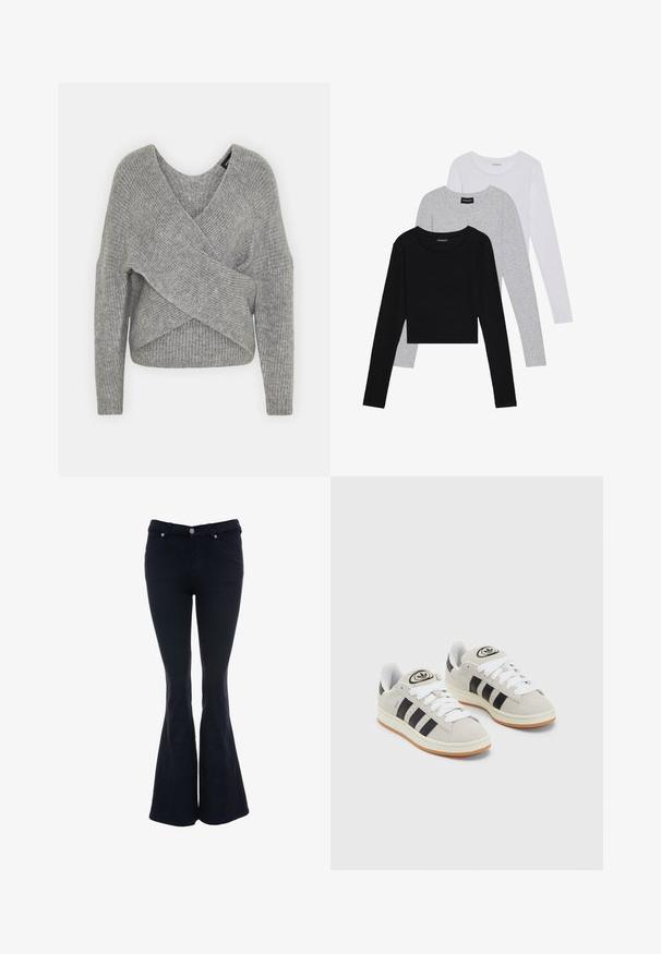 Grå omslagströja med djup V-ringning, långa ärmar och ribbad struktur. Tillverkad av ett mjukt stickat material med en lager-på-lager, asymmetrisk design.; Tre långärmade tröjor staplade: svart, grå och vit. Var och en har en rund halsringning och en kort design med mjukt, lätt material.; Uppfläkt mörkblå jeans gjorda av denim, med hög midja, fem-fickorsdesign och knappstängning med silvernitar.; Grå mocka sneakers med vita snören, svarta ränder och en vit gummisula. Har en rund logo på tungan och en gummisula.