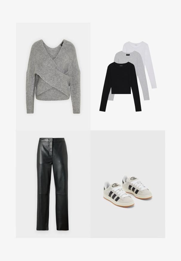 Pelēka apvalka džemperis ar dziļu V veida kakla izgriezumu, garām piedurknēm un ribu tekstūru. Izgatavots no mīksta adījuma materiāla ar slāņotu, asimetrisku dizainu.; Trīs garām piedurknēm veidotas augšdaļas, sakrautās: melna, pelēka un balta. Katram ir noapaļots kakla izgriezums un īsa dizaina forma ar gludu, vieglu audumu.; Melnas ādas bikses ar gludu tekstūru, ar taisna kāja dizainu, priekšējo pogu aizdari un minimālām šuvēm.; Pelēkas zamšādas kedas ar baltām saites, melnām svītrām un baltu gumijas zoli. Raksturīga apļa logo uz mēles un gumijas zole.