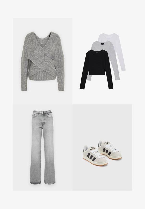 Grå omslagssweater med dyp V-hals, lange ermer og ribbestruktur. Laget av et mykt strikket materiale med et lagdelt, asymmetrisk design.; Tre lange ermer t-skjorter stablet: svart, grå og hvit. Hver har en rund hals og et kort design med glatt, lett stoff.; Lys grå falmede straight-leg jeans med frontlommer, bæltestropper og en knap- og lynlås lukning.; Grå semsket sneakers med hvite lisser, svarte striper og en hvit gummisåle. Har en sirkulær logo på tungen og en gummisåle.