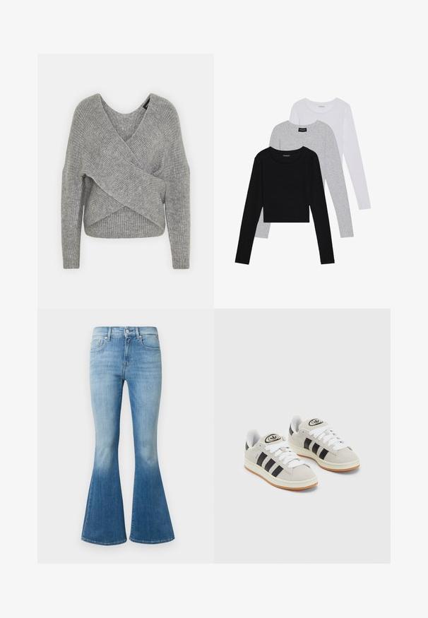 Suéter cinza envolvente com um decote em V profundo, mangas longas e textura canelada. Feito de um material de malha suave com um design assimétrico em camadas.; Três camisetas de manga longa empilhadas: preta, cinza e branca. Cada uma tem um decote redondo e um design cropped, feitas de um tecido leve e suave.; Fatos de ganga azul-claro com corte flare, cintura alta, lavagem desbotada e design clássico de cinco bolsos com detalhes em metal.; Tênis de camurça cinza com atacadores brancos, riscas pretas e uma sola de borracha branca. Apresenta um logótipo circular na língua e uma sola de borracha.