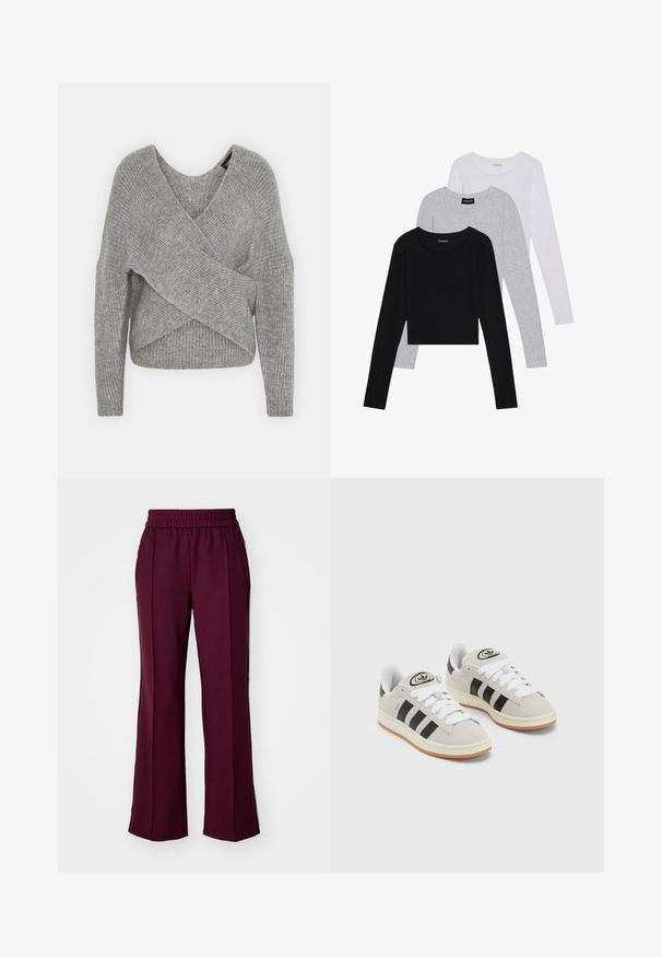 Sivý cardigan s hlbokým V- výstrihom, dlhými rukávmi a rebrovanou textúrou. Vyrobený z mäkkého pleteného materiálu s viacvrstvovým, asymetrickým dizajnom.; Tričko s dlhým rukávom v troch farbách: čiernej, sivej a bielej. Každé má okrúhly výstrih a skrátený strih vyrobený z hladkej, ľahkej tkaniny.; Bordové nohavice so širokými nohavicami, elastickým pásom, bočnými vreckami a kontrastnými čiernymi bočnými pruhmi. Hladký materiál s jemným leskom.; Sivé semišové tenisky s bielymi šnúrkami, čiernymi pruhmi a bielou gumovou podrážkou. Obsahujú okrúhly logo na jazyku a gumenú podrážku.