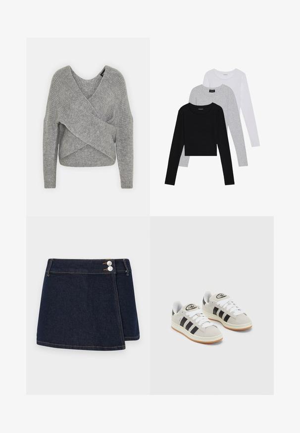 Siva omotana vestica s dubokim V-izrezom, dugim rukavima i rebrastom teksturom. Izrađena od mekog pletenog materijala s slojevitim, asimetričnim dizajnom.; Tri dugih rukava posložena: crna, siva i bijela. Svaka ima okrugli izrez i skrateni kroj s glatkom, laganom tkaninom.; Tamna traper suknja s dizajnom na preklop, dva srebrna gumba u struku i kontrastni šavovi duž rubova i šavova.; Sive suede tenisice s bijelim vezicama, crnim prugama i bijelim gumiranim potplatom. Imaju kružni logo na jeziku i gumeni potplat.