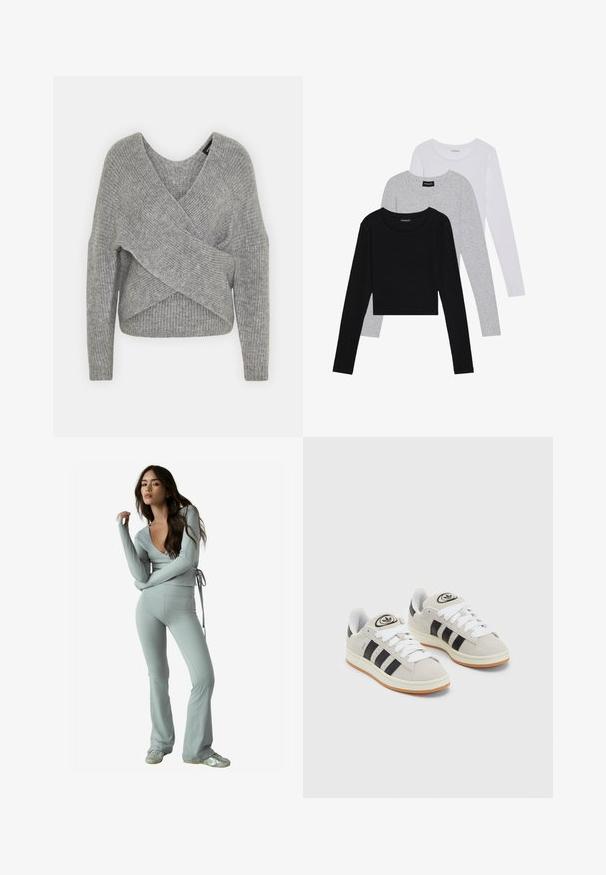 Grijze wikkeltrui met een diepe V-hals, lange mouwen en ribbelstructuur. Gemaakt van een zachte gebreide stof met een gelaagd, asymmetrisch ontwerp.; Drie langmouwige tops gestapeld: zwart, grijs en wit. Elke top heeft een ronde halslijn en een cropped ontwerp van soepel, lichtgewicht materiaal.; Lichtgrijze langslavende wikkeltop met een diepe V-hals en verstelbare tailleband, gecombineerd met bijpassende flared broeken van zachte, rekbare stof.; Grijze nubucklederen sneakers met witte veters, zwarte strepen en een witte rubberen zool. Bevat een rond logo op de tong en een gumzool.