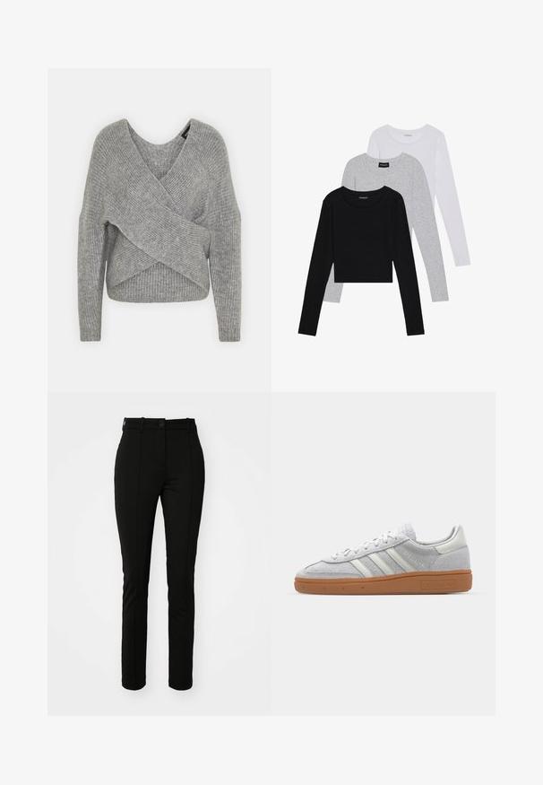 Pullover griș cu un decolteu adânc în V, mâneci lungi și textură cu ochiuri. Fabricat dintr-un material tricotat moale, cu un design stratificat și asimetric.; Trei bluze cu mânecă lungă așezate: neagră, gri și albă. Fiecare are un guler rotund și un design scurt, realizat dintr-un material fin și ușor.; Pantaloni negri din poliester, cu o croială slim, cu fața plată și închidere cu un singur nasture, având detalii de pliuri pe față și fără buzunare vizibile.; Pantofii sport din nubuc gri deschis, cu accente din piele albă, trei dungi albe și o talpă din cauciuc maro, având un guler căptușit pentru confort.