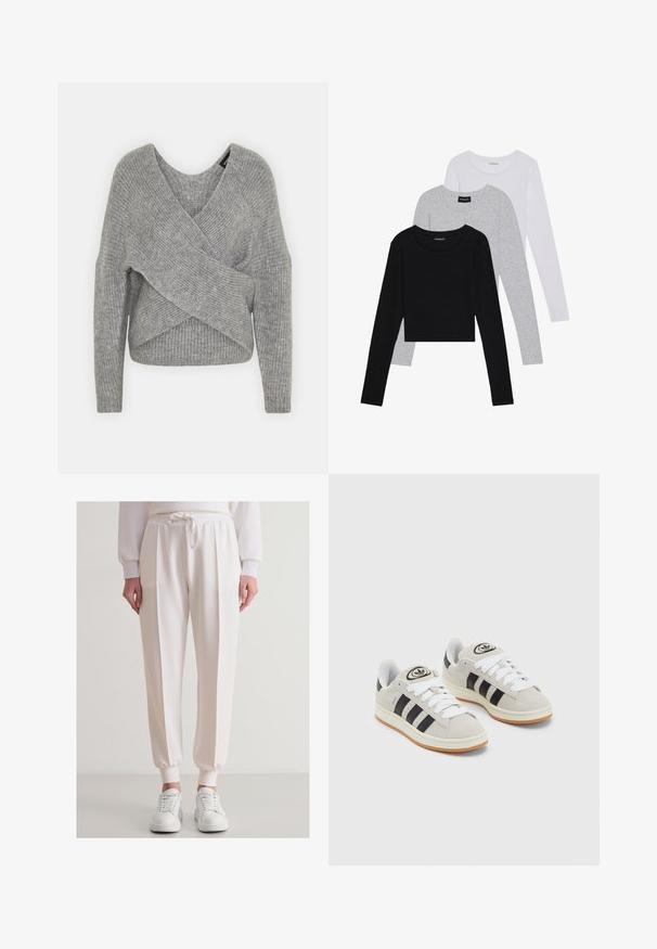 Grijze wikkeltrui met een diepe V-hals, lange mouwen en ribbelstructuur. Gemaakt van een zachte gebreide stof met een gelaagd, asymmetrisch ontwerp.; Drie langmouwige tops gestapeld: zwart, grijs en wit. Elke top heeft een ronde halslijn en een cropped ontwerp van soepel, lichtgewicht materiaal.; Witte sweatpants met een relaxte pasvorm, voorzien van een trekkoord in de taille, ribgebreide manchetten en voorplooien. Gecombineerd met witte sneakers.; Grijze nubucklederen sneakers met witte veters, zwarte strepen en een witte rubberen zool. Bevat een rond logo op de tong en een gumzool.