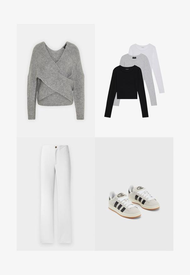 Suéter cinza envolvente com um decote em V profundo, mangas longas e textura canelada. Feito de um material de malha suave com um design assimétrico em camadas.; Três camisetas de manga longa empilhadas: preta, cinza e branca. Cada uma tem um decote redondo e um design cropped, feitas de um tecido leve e suave.; Calças brancas de perna reta com fecho de botão dourado, frente lisa e textura de tecido suave. Sem padrões ou adereços visíveis.; Tênis de camurça cinza com atacadores brancos, riscas pretas e uma sola de borracha branca. Apresenta um logótipo circular na língua e uma sola de borracha.