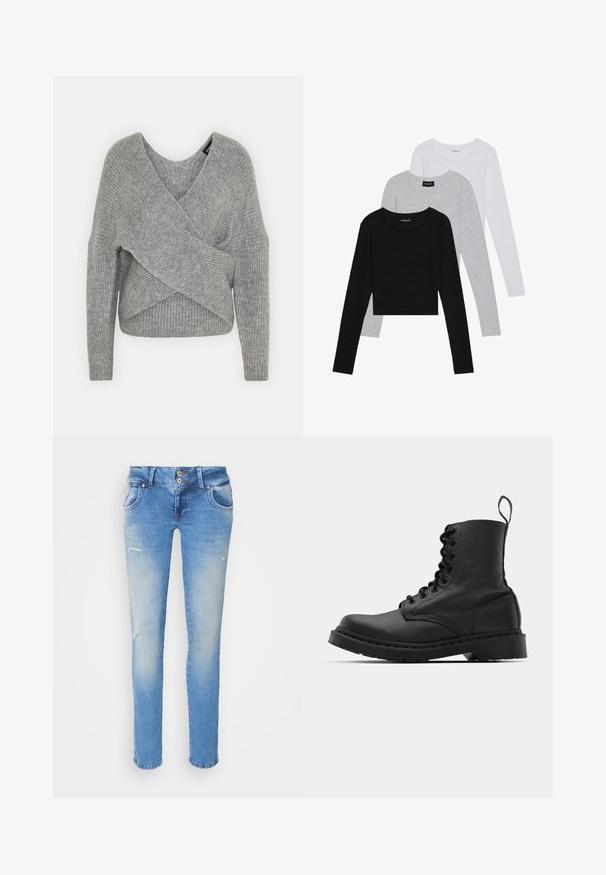 Siva omotana vestica s dubokim V-izrezom, dugim rukavima i rebrastom teksturom. Izrađena od mekog pletenog materijala s slojevitim, asimetričnim dizajnom.; Tri dugih rukava posložena: crna, siva i bijela. Svaka ima okrugli izrez i skrateni kroj s glatkom, laganom tkaninom.; Plave traperice slim kroja, s blagim izblijedjenjem, dva prednja džepa i manjim oštećenjima u blizini koljena.; Crne kožne vojničke čizme s okruglim vrhom, vezicama sprijeda i petljom na gležnju. Imaju gusti gumeni potplat za izdržljivost.