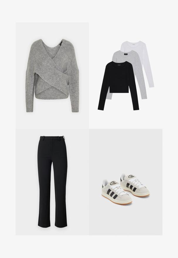 Szary sweter o luźnym kroju z głębokim dekoltem w kształcie litery V, długimi rękawami i prążkowaną teksturą. Wykonany z miękkiego materiału dzianinowego z warstwowym, asymetrycznym wzorem.; Trzy bluzki z długim rękawem ułożone jedna na drugiej: czarna, szara i biała. Każda z okrągłym dekoltem i skróconym fasonem, wykonana z gładkiego, lekkiego materiału.; Czarne spodnie wykonane z gładkiego, elastycznego materiału, z dopasowaną talią, szlufkami na pasek i lekko rozszerzanymi nogawkami z bocznymi rozcięciami.; Szare zamszowe trampki z białymi sznurówkami, czarnymi paskami i białą gumową podeszwą. Posiadają okrągłe logo na języku oraz gumową podeszwę.