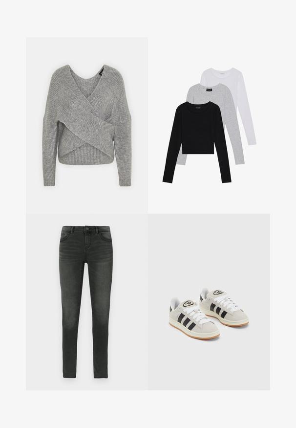 Suéter cinza envolvente com um decote em V profundo, mangas longas e textura canelada. Feito de um material de malha suave com um design assimétrico em camadas.; Três camisetas de manga longa empilhadas: preta, cinza e branca. Cada uma tem um decote redondo e um design cropped, feitas de um tecido leve e suave.; Jeans pretos slim-fit feitos de denim com um acabamento ligeiramente desbotado, apresentando cinco bolsos, uma cintura com botão e passantes para cinto.; Tênis de camurça cinza com atacadores brancos, riscas pretas e uma sola de borracha branca. Apresenta um logótipo circular na língua e uma sola de borracha.