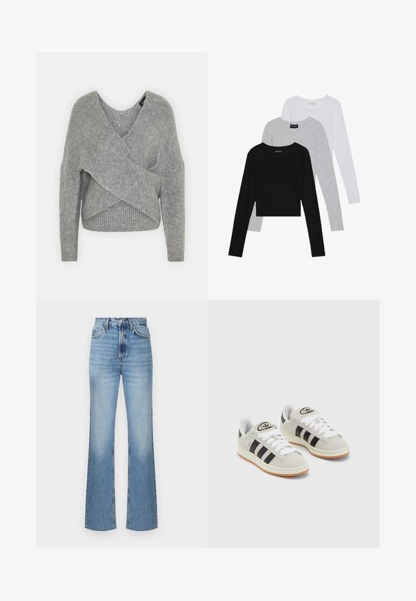 Suéter gris envolvente con un profundo escote en V, mangas largas y textura acanalada. Fabricado con un material de punto suave y un diseño asimétrico en capas.; Tres camisetas de manga larga apiladas: negra, gris y blanca. Cada una tiene un escote redondo y un diseño recortado con una tela suave y ligera.; Vaqueros de denim azul claro acampanados con una cintura alta, que cuentan con un cierre de botón frontal, costuras prominentes y una textura ligeramente desgastada.; Zapatillas de ante gris con cordones blancos, rayas negras y suela de goma blanca. Presentan un logo circular en la lengüeta y una suela de goma.