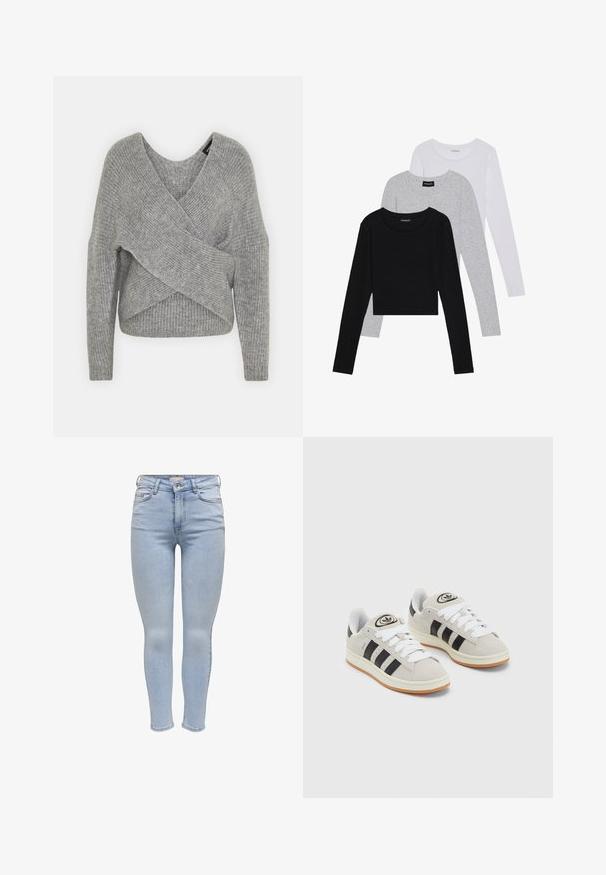 Szürke, mély V kivágású, hosszú ujjú kötött pulóver, bordás textúrával. Puha kötött anyagból készült, réteges, aszimmetrikus dizájnnal.; Három hosszú ujjú póló egymásra rakva: fekete, szürke és fehér. Mindegyiknek kerek nyaka van, és rövidített fazonnal rendelkezik, sima, könnyű anyagból készült.; Világoskék skinny farmernadrág, cipzáras záródással, öt zsebbel, sima textúrával és minimális kopással.; Szürke velúr sportcipők fehér fűzővel, fekete csíkokkal és fehér gumitalppal. A nyelvén kör alakú logó található, illetve a talpa színes gumi.