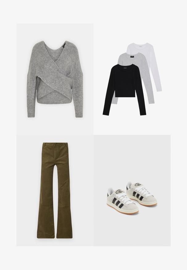 Gray wrap sweater with a deep V-neck, long sleeves, and ribbed texture. Made from a soft knit material with a layered, asymmetrical design.; Three long-sleeve tops stacked: black, grey, and white. Each has a round neckline and a cropped design with smooth, lightweight fabric.; Olive green corduroy flared pants with a button closure and zip fly. Features front pockets and a soft, textured surface.; Gray suede sneakers with white laces, black stripes, and a white rubber sole. Features a circular logo on the tongue and a gum sole.
