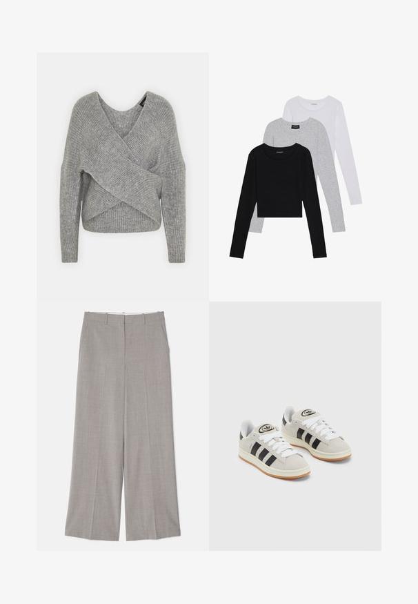 Grau umwickelter Pullover mit tiefem V-Ausschnitt, langen Ärmeln und gerippter Textur. Hergestellt aus einem weichen Strickmaterial mit einem geschichteten, asymmetrischen Design.; Drei langärmelige Oberteile gestapelt: schwarz, grau und weiß. Jedes hat einen runden Halsausschnitt und ein kurzes Design aus glattem, leichtem Stoff.; Helle graue, weit geschnittene Hose aus einem glatten, strukturierten Stoff. Zu den Merkmalen gehören Seitentaschen und eine taillierte Passform mit geradem Schnitt.; Graue Wildledersneaker mit weißen Schnürsenkeln, schwarzen Streifen und einer weißen Gummisohle. Merkmale sind ein kreisförmiges Logo auf der Zunge und eine Gummisohle.