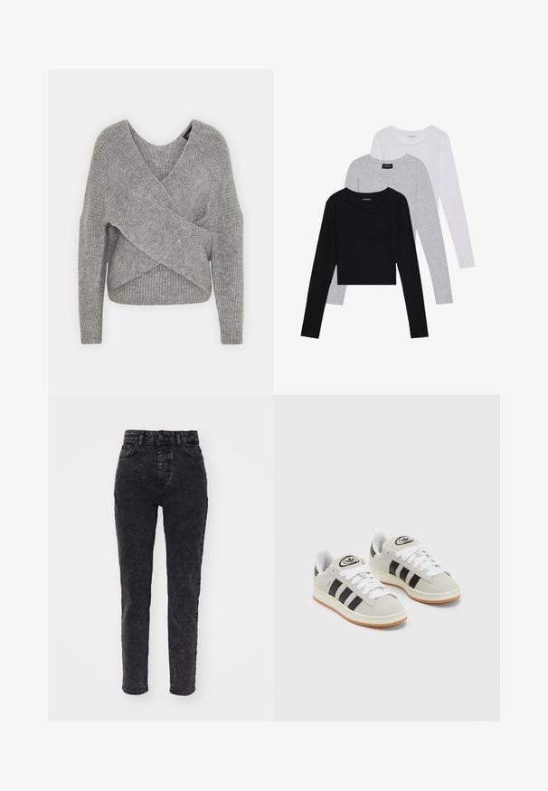 Hallide hallhargus, sügava V-kaelusega, pikkade varrukatega ja ribatrepiga. Valmistatud pehmest kudumismetallist, millel on kihiline, asümmeetriline disain.; Kolm pikkade varrukatega toppi, mis on üksteise peale asetatud: must, hall ja valge. Igal ühel on ümar kaelus ja lühike disain, valmistatud siledast, kergekaalulisest kangast.; Kõrge vöökoht mustadel teksapükstel, mis on kergelt tuhmistatud, kitsenevad säärtega, viie taskuga disain ja metallist nööp kinnitamiseks.; Hallid hallid nahkrennid valgete paeltega, mustade triipudega ja valge kummitaldiga. Omab ümmargust logo keeles ja kummitalda.