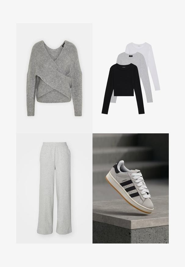 Pilkas aptraukiamas megztinis su giliu V formos iškirpimu, ilgomis rankovėmis ir riešutiniu tekstūru. Pagamintas iš minkštos megztos medžiagos su sluoksniuota, asimetrine konstrukcija.; Trijų ilgomis rankovėmis marškinėlių krūva: juodas, pilkas ir baltas. Kiekvienas turi apvalų iškirpimą ir trumpą dizainą, pagamintas iš lygaus, lengvo audinio.; Pilkos sportinės kelnės, pagamintos iš minkštos medžiagos, su plačiomis kojomis, elastinga juosta ir šoninėmis kišenėmis. Paprastas ir neformalus išvaizda.; Pilka Adidas Campus sportinio batelio su juodomis juostelėmis ir baltais batraiščiais, plūduriuojančio virš betoninės pakylos su laiptais fone.