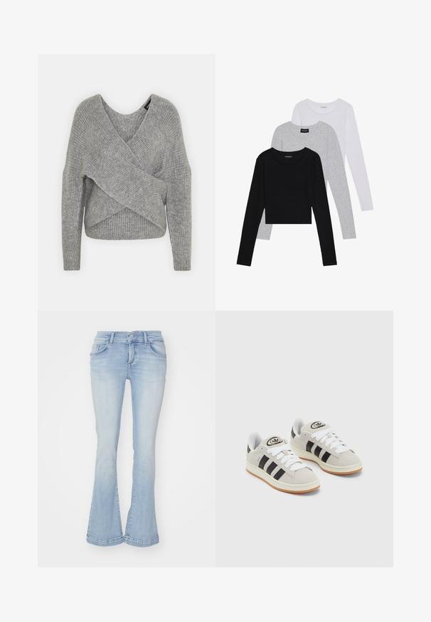 Pullover griș cu un decolteu adânc în V, mâneci lungi și textură cu ochiuri. Fabricat dintr-un material tricotat moale, cu un design stratificat și asimetric.; Trei bluze cu mânecă lungă așezate: neagră, gri și albă. Fiecare are un guler rotund și un design scurt, realizat dintr-un material fin și ușor.; Jeans evazate de culoare albastră deschisă din material denim, cu cinci buzunare, bucle pentru curea și o cusătură vizibilă pe tiv. Textură netedă cu ușoare estompari.; Adidași din suede gri cu șireți albi, dungi negre și talpă din cauciuc alb. Prezintă un logo circular pe limbă și o talpă din cauciuc.