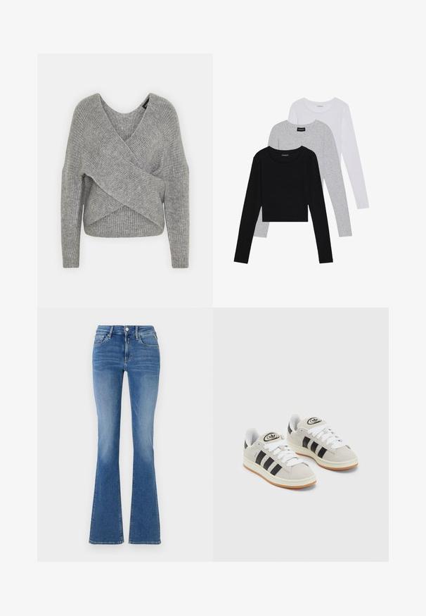 Gray wrap sweater with a deep V-neck, long sleeves, and ribbed texture. Made from a soft knit material with a layered, asymmetrical design.; Three long-sleeve tops stacked: black, grey, and white. Each has a round neckline and a cropped design with smooth, lightweight fabric.; Blue denim high-waisted jeans with front pockets, button and zipper closure, and flared legs.; Gray suede sneakers with white laces, black stripes, and a white rubber sole. Features a circular logo on the tongue and a gum sole.