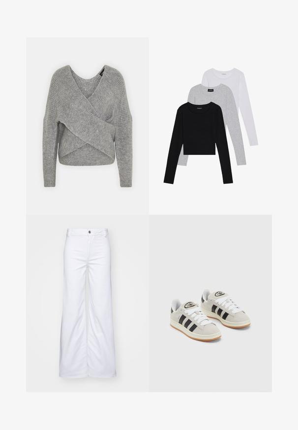 Grijze wikkeltrui met een diepe V-hals, lange mouwen en ribbelstructuur. Gemaakt van een zachte gebreide stof met een gelaagd, asymmetrisch ontwerp.; Drie langmouwige tops gestapeld: zwart, grijs en wit. Elke top heeft een ronde halslijn en een cropped ontwerp van soepel, lichtgewicht materiaal.; Witte wijde denimbroek met een knoopsluiting en riemlussen. Helaas hebben ze een gladde textuur met nette stiksels en geen patronen.; Grijze nubucklederen sneakers met witte veters, zwarte strepen en een witte rubberen zool. Bevat een rond logo op de tong en een gumzool.