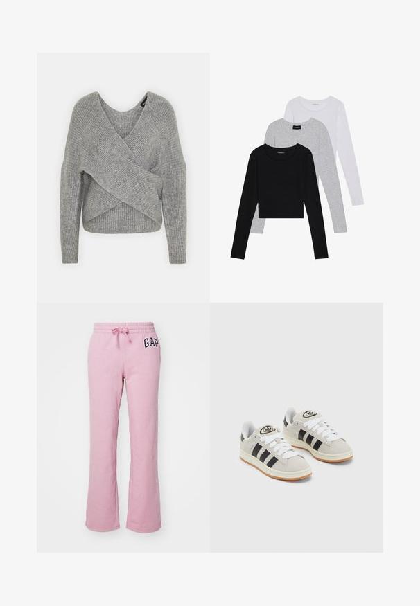 Siva omotana vestica s dubokim V-izrezom, dugim rukavima i rebrastom teksturom. Izrađena od mekog pletenog materijala s slojevitim, asimetričnim dizajnom.; Tri dugih rukava posložena: crna, siva i bijela. Svaka ima okrugli izrez i skrateni kroj s glatkom, laganom tkaninom.; GAP HERITAGE - Donji dijelovi trenirke - lilas pink; Sive suede tenisice s bijelim vezicama, crnim prugama i bijelim gumiranim potplatom. Imaju kružni logo na jeziku i gumeni potplat.