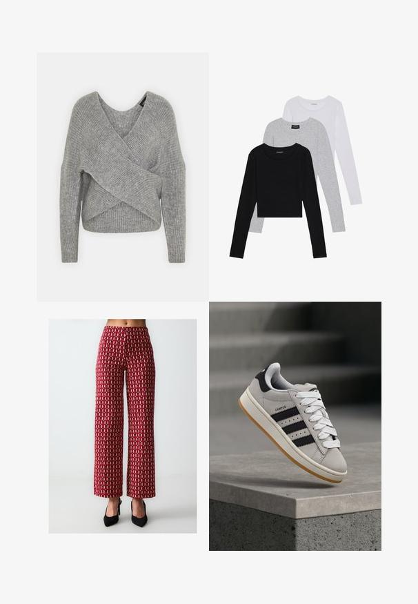 Grijze wikkeltrui met een diepe V-hals, lange mouwen en ribbelstructuur. Gemaakt van een zachte gebreide stof met een gelaagd, asymmetrisch ontwerp.; Drie langmouwige tops gestapeld: zwart, grijs en wit. Elke top heeft een ronde halslijn en een cropped ontwerp van soepel, lichtgewicht materiaal.; Wijde broeken van stof met een rood en beige geometrisch patroon, met een hoge taille en een gestructureerde afwerking.; adidas Originals CAMPUS 00S W - Sneakers laag - crystal white/core black/off white