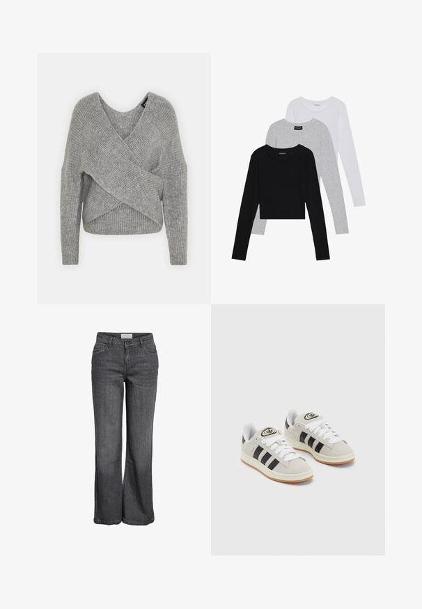 Pelēka apvalka džemperis ar dziļu V veida kakla izgriezumu, garām piedurknēm un ribu tekstūru. Izgatavots no mīksta adījuma materiāla ar slāņotu, asimetrisku dizainu.; Trīs garām piedurknēm veidotas augšdaļas, sakrautās: melna, pelēka un balta. Katram ir noapaļots kakla izgriezums un īsa dizaina forma ar gludu, vieglu audumu.; Platas kājas džinsi tumši pelēkā denima. Ar augstu jostasvietu, tradicionālu piecu kabatu dizainu un tīru apakšmalu bez rotājumiem.; Pelēkas zamšādas kedas ar baltām saites, melnām svītrām un baltu gumijas zoli. Raksturīga apļa logo uz mēles un gumijas zole.