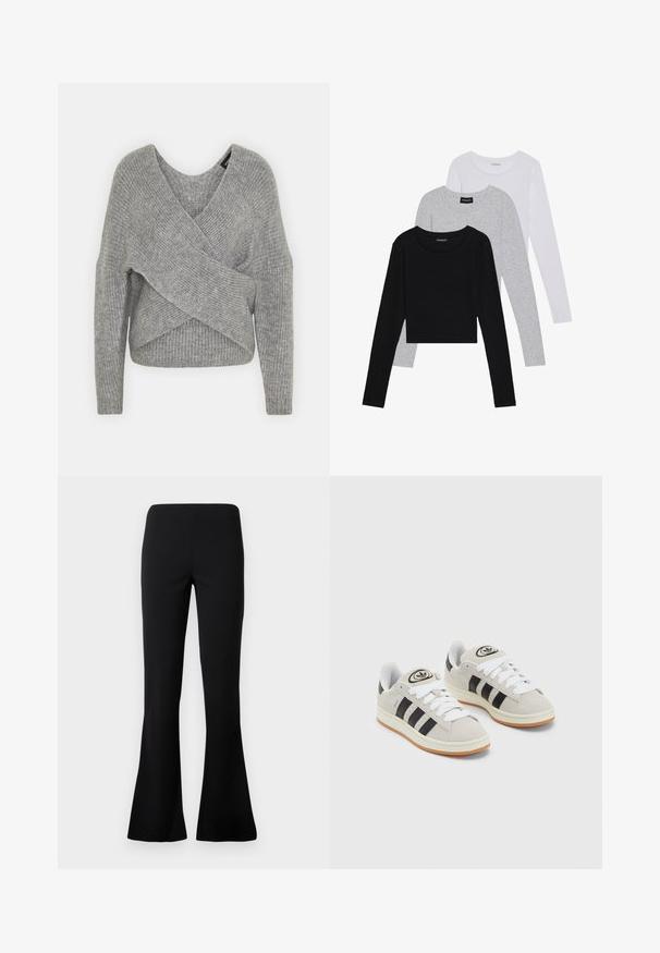 Siva ovitek pulover z globokim V-izrezom, dolgimi rokavi in ribasto teksturo. Narejen iz mehke pletene tkanine z plastnim, asimetričnim dizajnom.; Tri dolga rokava zložena: črna, siva in bela. Vsaka ima okroglo izreznico in skrajšan dizajn z gladkim, lahkotnim materialom.; Črne hlače visoke pasu z oprijetim zgornjim delom in razširjenimi nogami, prikazane na enobarvni beli podlagi.; Sive športne čevlje iz semiša z belimi vezalkami, črnimi črtami in belim gumijastim podplatom. Imajo okroglo oznako na ježku in podplat iz gume.