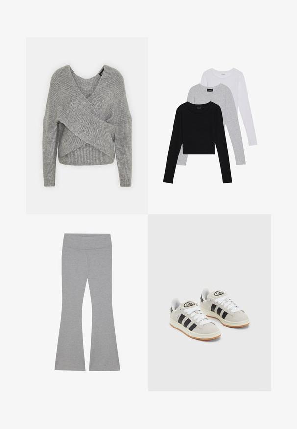 Szürke, mély V kivágású, hosszú ujjú kötött pulóver, bordás textúrával. Puha kötött anyagból készült, réteges, aszimmetrikus dizájnnal.; Három hosszú ujjú póló egymásra rakva: fekete, szürke és fehér. Mindegyiknek kerek nyaka van, és rövidített fazonnal rendelkezik, sima, könnyű anyagból készült.; Szürke, bővülő leggings, amely puha, rugalmas anyagból készült. Simító derékrésszel és szűkített combbal rendelkezik, amely az alján bővül.; Szürke velúr sportcipők fehér fűzővel, fekete csíkokkal és fehér gumitalppal. A nyelvén kör alakú logó található, illetve a talpa színes gumi.