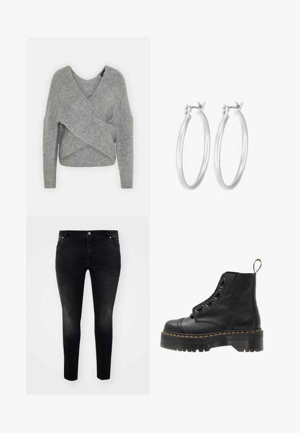 Sivý cardigan s hlbokým V- výstrihom, dlhými rukávmi a rebrovanou textúrou. Vyrobený z mäkkého pleteného materiálu s viacvrstvovým, asymetrickým dizajnom.; Tričko s dlhým rukávom v troch farbách: čiernej, sivej a bielej. Každé má okrúhly výstrih a skrátený strih vyrobený z hladkej, ľahkej tkaniny.; Čierne denimové džínsy so Slim fit, päťokami, zapínaním na gombík a jemným vyblednutím pre textúru. Minimalistický štýl, bez viditeľných vzorov.; Čierna kožená členková čižma s textúrovaným povrchom, okrúhlou špičkou, šnurovacím dizajnom, žltým prešívaním a hrubou, zúženou čiernou platformou.; Strieborné kruhové náušnice s hladkým, lesklým povrchom. Kolový tvar a bezpečné klikanie na uzatváranie. Ľahký dizajn vhodný na každodenné nosenie.