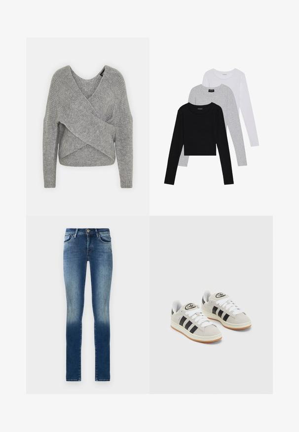 Suéter cinza envolvente com um decote em V profundo, mangas longas e textura canelada. Feito de um material de malha suave com um design assimétrico em camadas.; Três camisetas de manga longa empilhadas: preta, cinza e branca. Cada uma tem um decote redondo e um design cropped, feitas de um tecido leve e suave.; Calças de ganga skinny na cor azul médio, com efeito de desbotado gradual, cinco bolsos e fecho com um único botão.; Tênis de camurça cinza com atacadores brancos, riscas pretas e uma sola de borracha branca. Apresenta um logótipo circular na língua e uma sola de borracha.