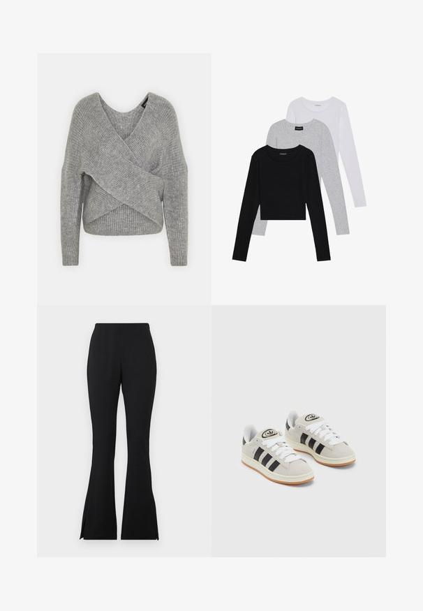 Siva ovitek pulover z globokim V-izrezom, dolgimi rokavi in ribasto teksturo. Narejen iz mehke pletene tkanine z plastnim, asimetričnim dizajnom.; Tri dolga rokava zložena: črna, siva in bela. Vsaka ima okroglo izreznico in skrajšan dizajn z gladkim, lahkotnim materialom.; Črne razširjene hlače iz gladkega, elastičnega materiala. Imajo stranske razpoke na robu za dodaten detajl. Klasična zasnova in vsestranski kroj.; Sive športne čevlje iz semiša z belimi vezalkami, črnimi črtami in belim gumijastim podplatom. Imajo okroglo oznako na ježku in podplat iz gume.