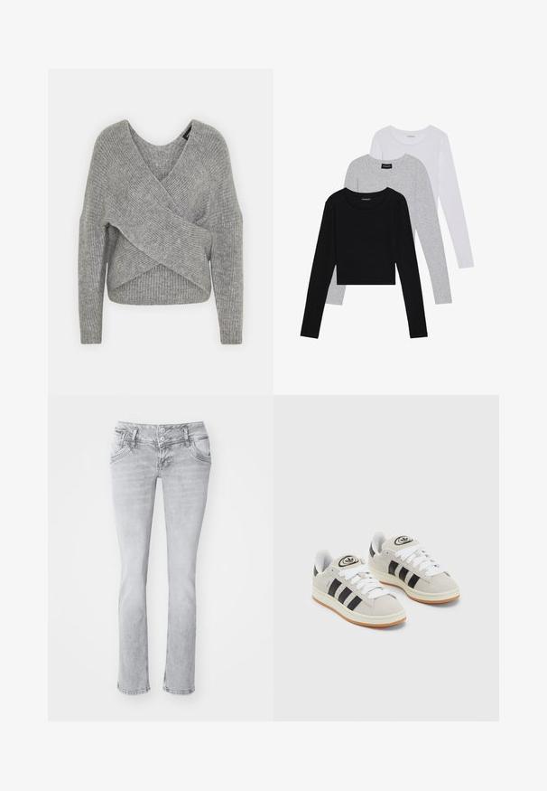 Grå omslagströja med djup V-ringning, långa ärmar och ribbad struktur. Tillverkad av ett mjukt stickat material med en lager-på-lager, asymmetrisk design.; Tre långärmade tröjor staplade: svart, grå och vit. Var och en har en rund halsringning och en kort design med mjukt, lätt material.; Grå denimjeans med slim fit, med tvåknappsstängning, framfickor och något fransad nederkant. Mjuk textur, rak bendesign.; Grå mocka sneakers med vita snören, svarta ränder och en vit gummisula. Har en rund logo på tungan och en gummisula.