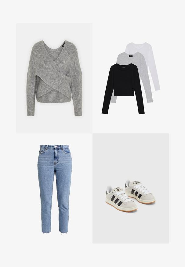 Maglione avvolgente grigio con scollatura a V profonda, maniche lunghe e texture a coste. Realizzato in un morbido materiale in maglia con un design asimmetrico a strati.; Tre magliette a maniche lunghe impilate: nera, grigia e bianca. Ognuna ha un colletto rotondo e un design accorciato con tessuto morbido e leggero.; Jeans in denim azzurro chiaro a vita alta, con gamba dritta, orlo sfrangiato e design minimalista senza decorazioni.; Sneakers in suede grigio con lacci bianchi, strisce nere e suola in gomma bianca. Presentano un logo circolare sulla linguetta e una suola in gomma.