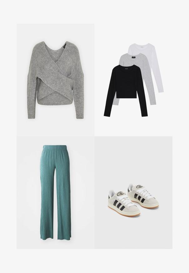 Pilkas aptraukiamas megztinis su giliu V formos iškirpimu, ilgomis rankovėmis ir riešutiniu tekstūru. Pagamintas iš minkštos megztos medžiagos su sluoksniuota, asimetrine konstrukcija.; Trijų ilgomis rankovėmis marškinėlių krūva: juodas, pilkas ir baltas. Kiekvienas turi apvalų iškirpimą ir trumpą dizainą, pagamintas iš lygaus, lengvo audinio.; Žydrai žaliai, plačios kojų kelnės, pagamintos iš tekstūruoto audinio su elastinga juosmens juosta, pasižyminčios laisvu siluetu ir tiesiu kirpimu.; Grynos zomšos sneakeriai su baltais raišteliais, juodomis juostelėmis ir balta gumine sole. Turintys apskritą logotipą ant liežuvėlio ir guminę sole.