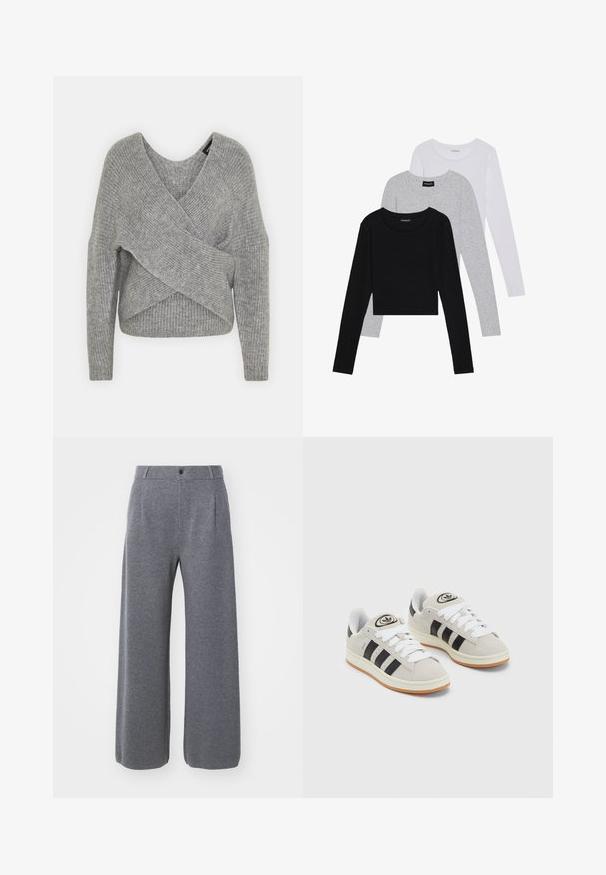 Gray wrap sweater with a deep V-neck, long sleeves, and ribbed texture. Made from a soft knit material with a layered, asymmetrical design.; Three long-sleeve tops stacked: black, grey, and white. Each has a round neckline and a cropped design with smooth, lightweight fabric.; GAP CASHSOFT TAILORED PANT - Trousers - charcoal heather; Gray suede sneakers with white laces, black stripes, and a white rubber sole. Features a circular logo on the tongue and a gum sole.